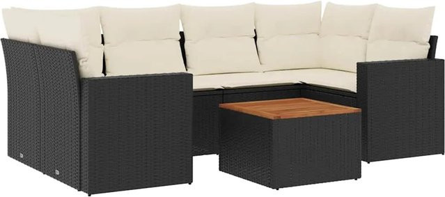 vidaXL 7-teilige Garten-Sofagarnitur aus Poly-Rattan und Akazienholz in Schwarz-Creme mit Kissen - Bild 1