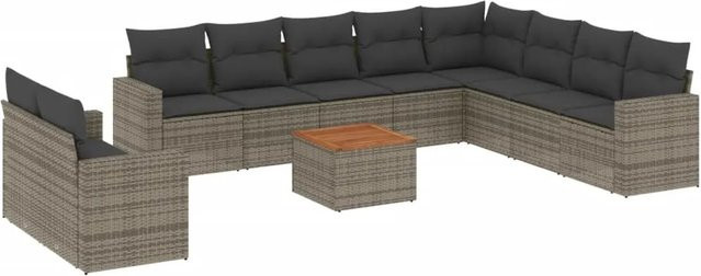 vidaXL 11-teilige Garten-Sofagarnitur aus Poly-Rattan und Akazienholz in Grau mit Kissen - Bild 1