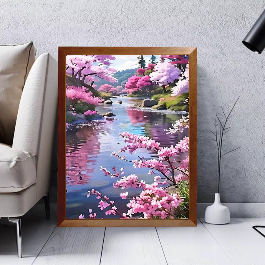 HUACAN Diamantmosaik Bild Runde Landschaft mit Blumen und Fluss in Mehrfarben Durchmesser: 30 cm - Bild 2
