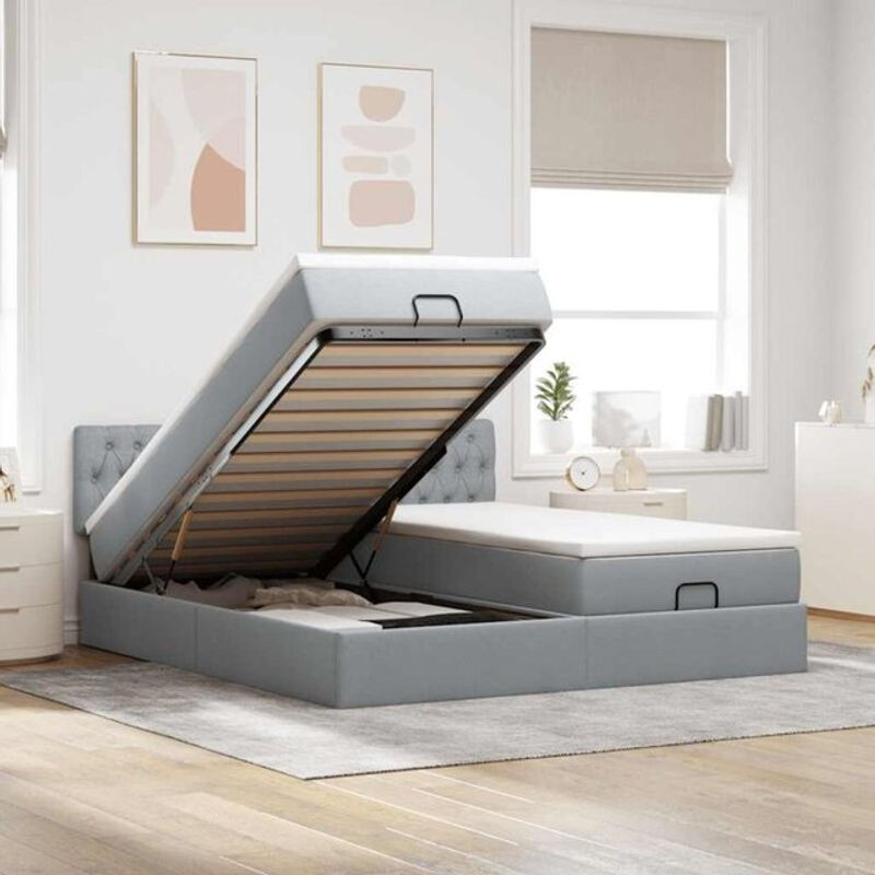 vidaxl Ottoman Polsterbett mit Matratze in Hellgrau aus Stoff und Metall B/T: 200 x 200 cm - Bild 1