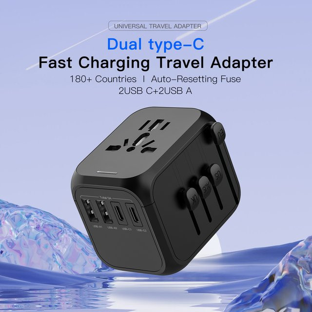 HKLAMIN Universeller Reiseadapter mit 2 USB-A und 2 USB-C Anschlüssen für Schnellladung, Internationaler All-in-One Stromadapter in Schwarz - Bild 1