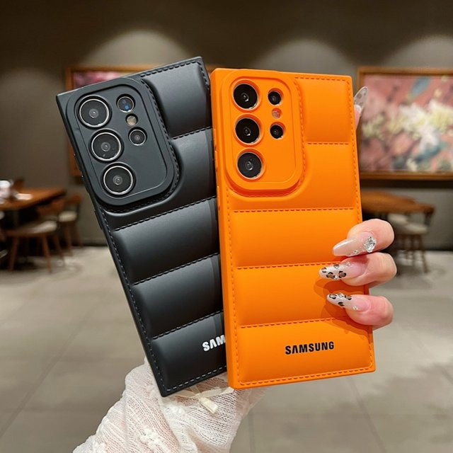 Wave Puffer Daunenjacke Handyhülle für Samsung S26 S25 S24 S23 S22 Ultra S21 Plus Note 20 A72 A54 Softcover in Orange - Bild 1