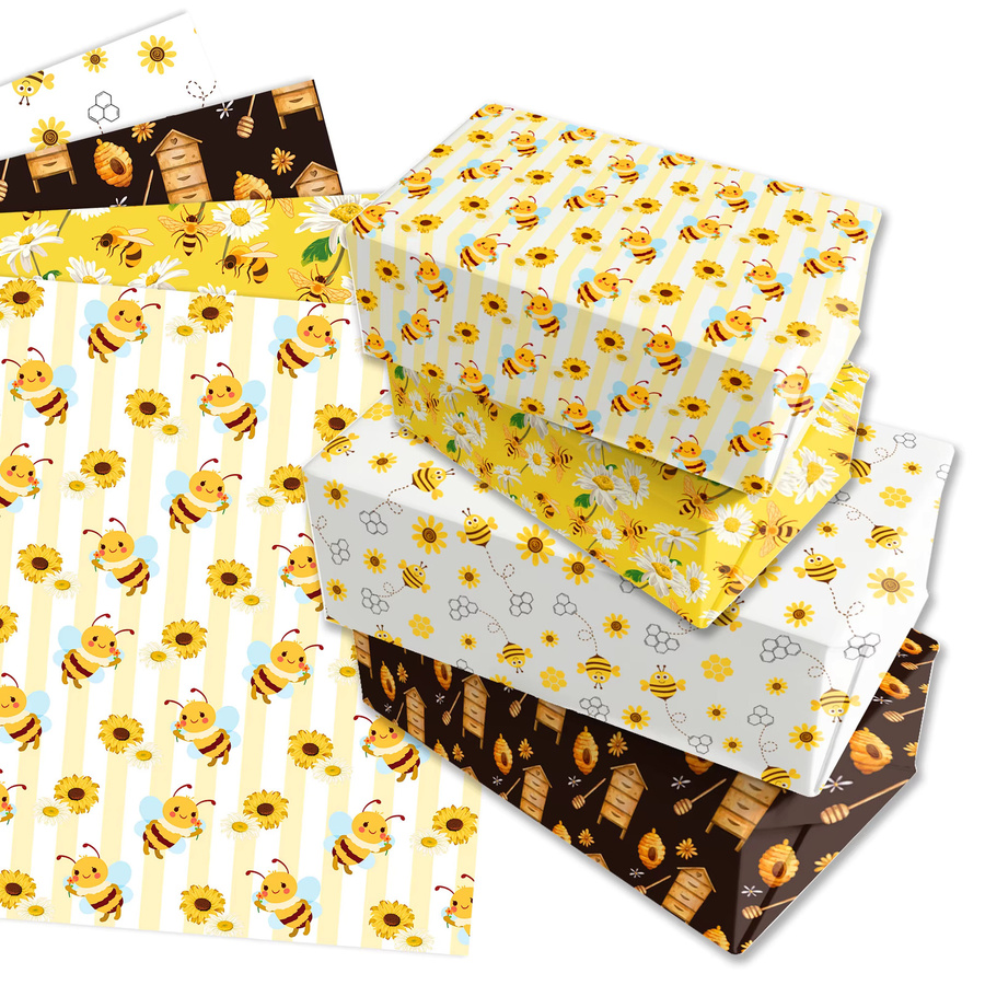 12 Stück Dekoratives Geschenkpapier mit Cartoon Honigbiene und Frühlingsmuster in Gelb für DIY Bastelarbeiten und Babypartys - Bild 5