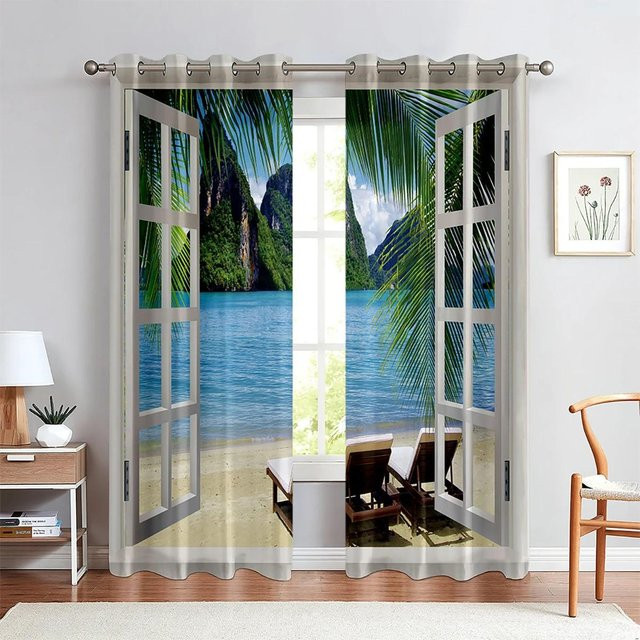 Yiran Furniture 2er-Set Vorhänge mit 3D-Landschaftsmotiv Wald und Meer, halbtransparent, B: 135 cm, H: 185 cm - Bild 1