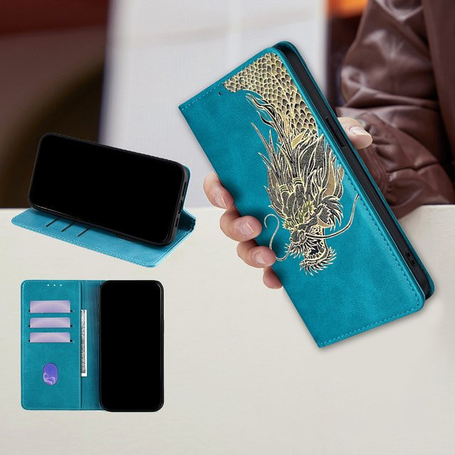 Stoßfeste Leder-Handyhülle mit Drachenmuster für Realme GT8 GT7 Pro Racing GT 7T 6T GT Neo6 SE als Wallet Card Cover in Braun - Bild 1