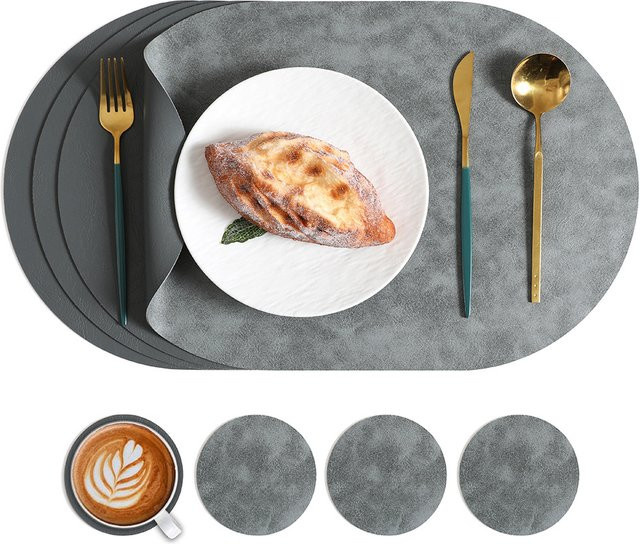 LMETJMA Leder-Tischsets 4er-Set aus Kunstleder, grau, wendbar, hitzebeständig, wasserdicht und rutschfest - Bild 1