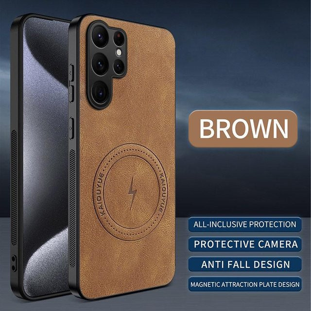 Samsung Galaxy S26 S26 Plus S26 Ultra Nappalederhülle mit Magnet und vollständigem Sturzschutz in Braun - Bild 1