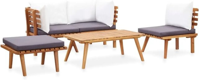 vidaXL 5-tlg Garten-Lounge-Set aus Akazien-Massivholz in L-Form mit Polstern und Kissen in Grau und Weiß - Bild 1