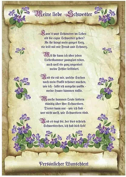Personalisierte Urkunde für die liebe Schwester mit Wunschtext im Vintage-Design mit floralen Elementen von tantum graphic - Bild 1