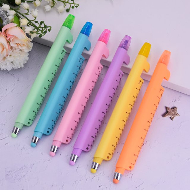 6er Set multifunktionaler 5-in-1 Kugelschreiber mit Lineal, Touch-Stift, Telefonhalter und Textmarker in Mehrfarben für Schule und Büro - Bild 1