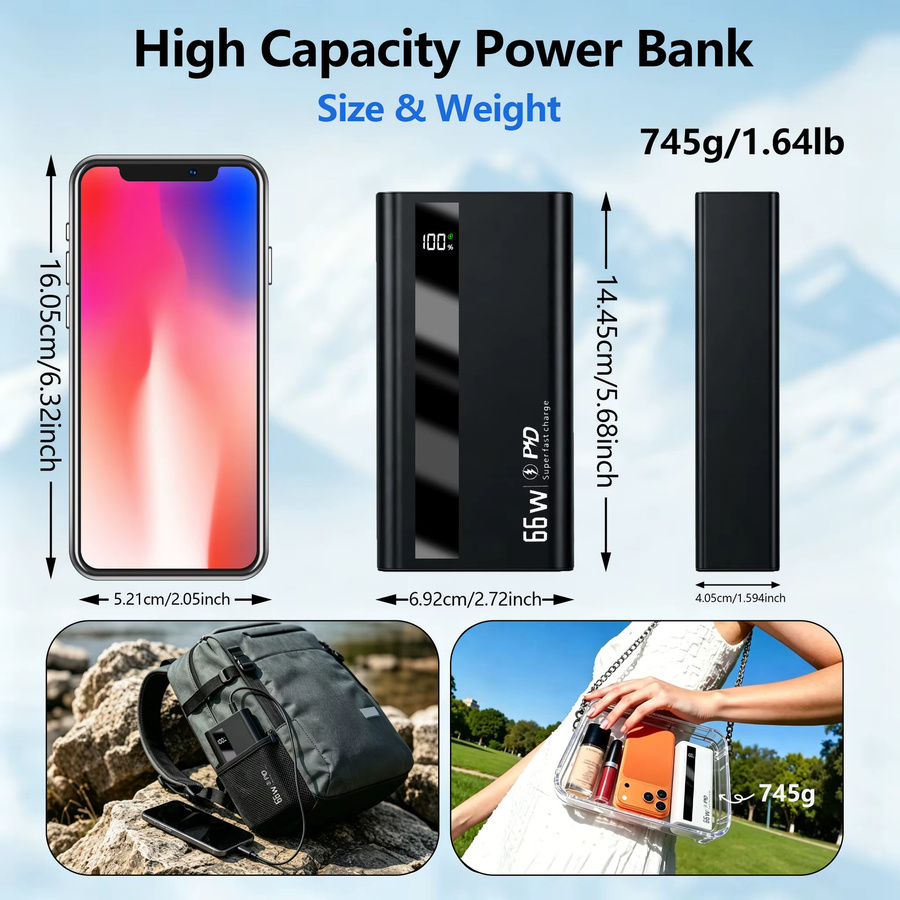 InTessry Hochleistungs-Powerbank mit 60000mAh und 66W Schnellladeleistung, PD3.0 22,5W, Display und 4 Ausgänge, Farbe: Weiß - Bild 6