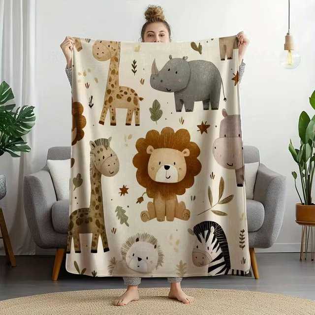 VIKAMA Kinderdecke mit Dschungeltieren aus weichem Flanell, Mehrfarbig, B/T: 90 x 60 cm - Bild 1