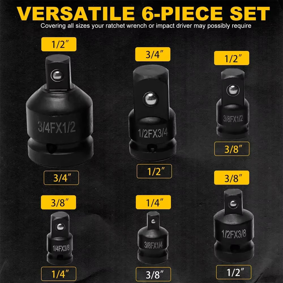 Binoax 6er Set Ratsche Sockel Adapter Set in Schwarz mit 1/4, 3/8 und 1/2 Zoll Konverter für Spanner und Schlüssel - Bild 2