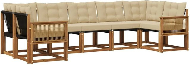vidaXL Outdoor-Sofagarnitur L-Form aus Akazienholz in Braun und Beige mit 7 Kissen und Textilene-Bezug - Bild 1
