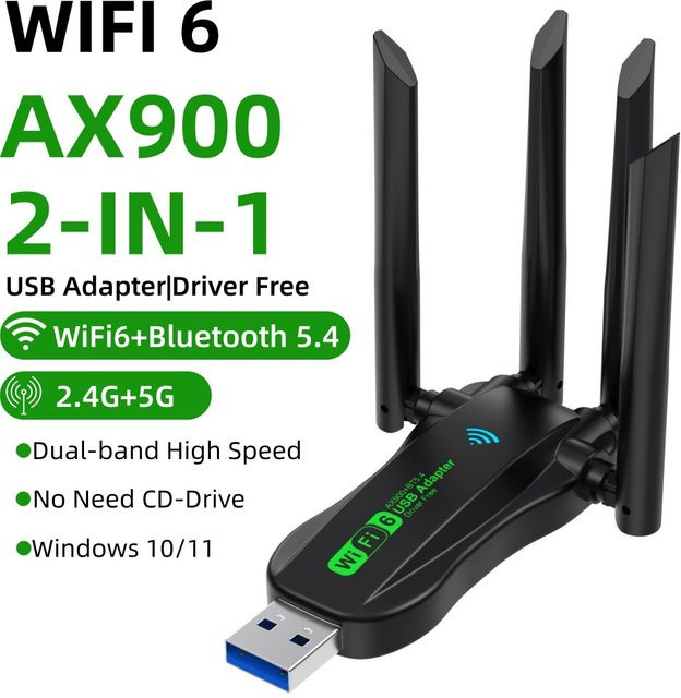 2-in-1 WiFi 6 AX900 USB 3.0 Adapter mit Bluetooth 5.4, Dual-Band 2.4G & 5G WLAN Empfänger und drahtlose Netzwerkkarte in Schwarz für Windows 10/11 - Bild 1