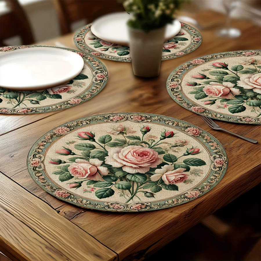 VIKAMA 4er Set runde Tischsets mit Vintage-Blumenmuster in Rosa und Grün, maschinenwaschbar - Bild 2