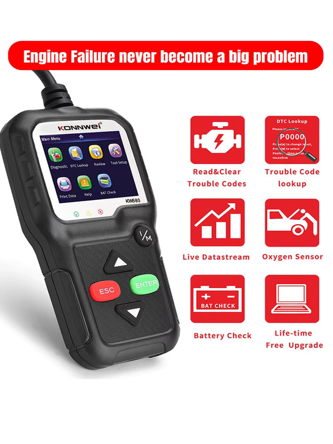 KONNWEI KW680 Auto OBD2 Fehlerdiagnose-Scanner mit Sprachfunktion, Kfz-Diagnosegerät und ELM327 Codeleser, Schwarz - Bild 7