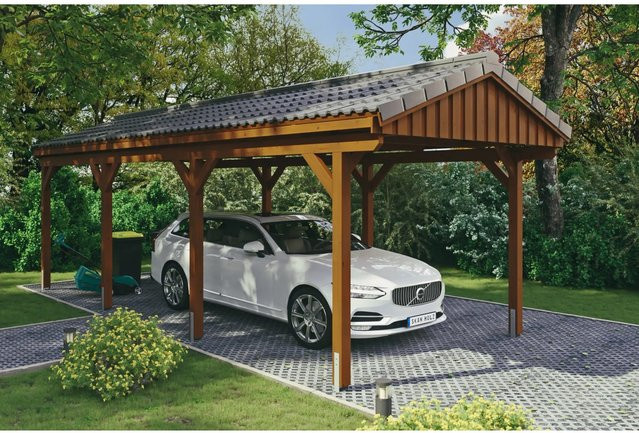 Skan Holz Carport Fichtelberg aus Fichte Leimholz in Nussbaum Braun mit spitzer Dachform, B/T: 317 x 808 cm, Höhe: 303 cm - Bild 1