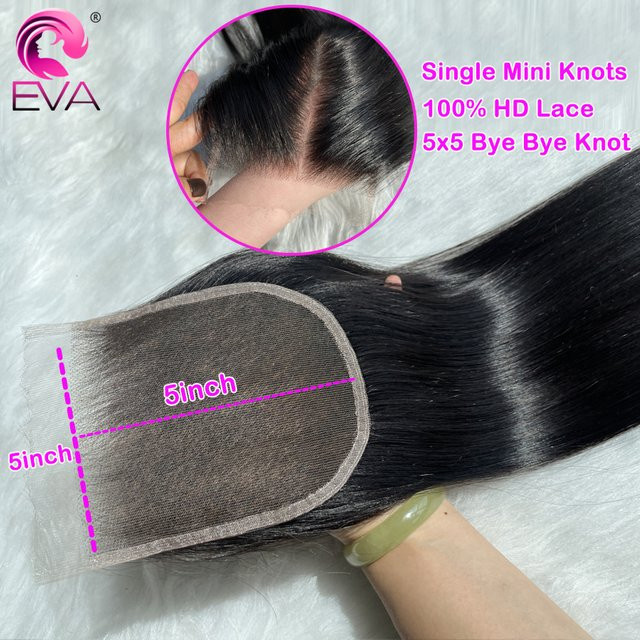 Eva Hair Bye Bye Knot Glattes Echthaar, 5x5 HD-Spitzenverschluss, Mini-Einknoten - Bild 1