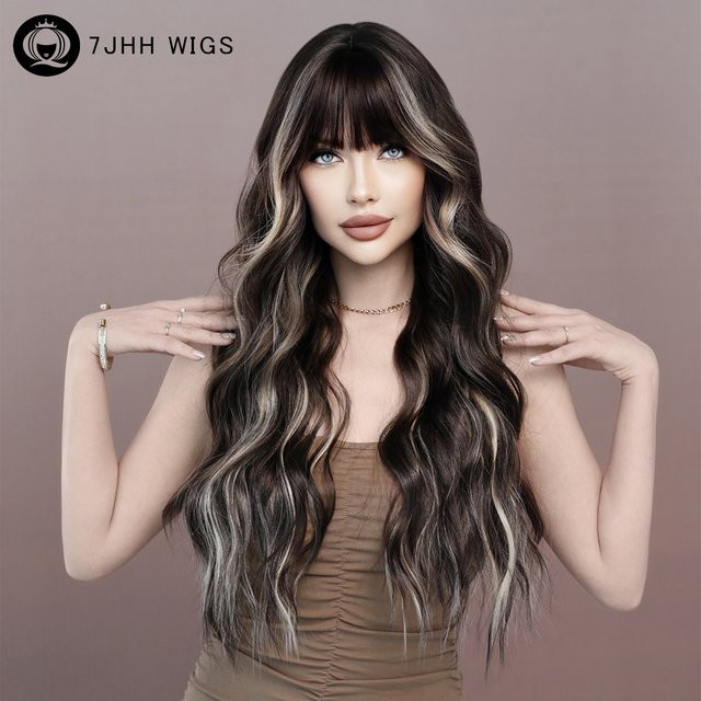 7JHH WIGS Perücke, schwarz, gewellt, weißblonde Highlights, mit Pony, Damen - Bild 1