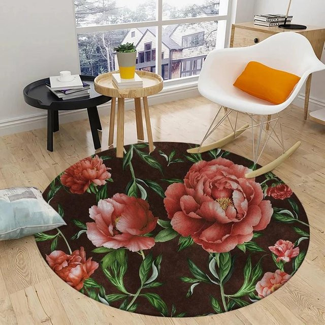 Runder Teppich mit Pfingstrosen-Blumenmuster von Wucifang Jewelry, weich und rutschfest, Mehrfarbig, Durchmesser: 100 cm - Bild 1