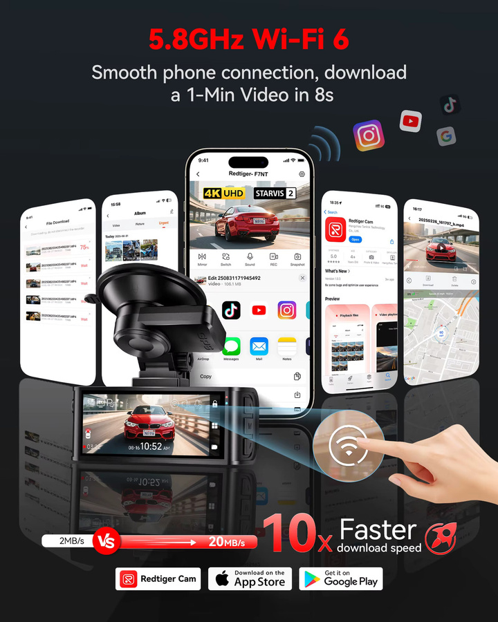 REDTIGER F7N TOUCH 4K Dashcam mit Starvis 2 IMX675, 5,8 GHz WLAN und Nachtsicht, Schwarz - Bild 3