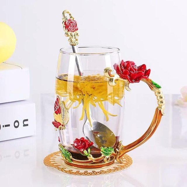 Exklusive Emaille-Teeschale mit 3D-Blumenmuster und Schmetterlings-Design in Rot und Multicolour aus Glas und Edelstahl - Bild 1
