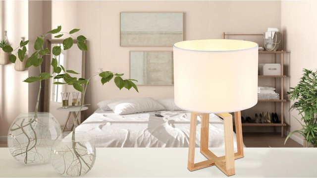 Globo Tischlampe Moritz 1-flammig in Braun mit Textilschirm und Holzfuß, Höhe: 44 cm, Durchmesser: 30 cm - Bild 1