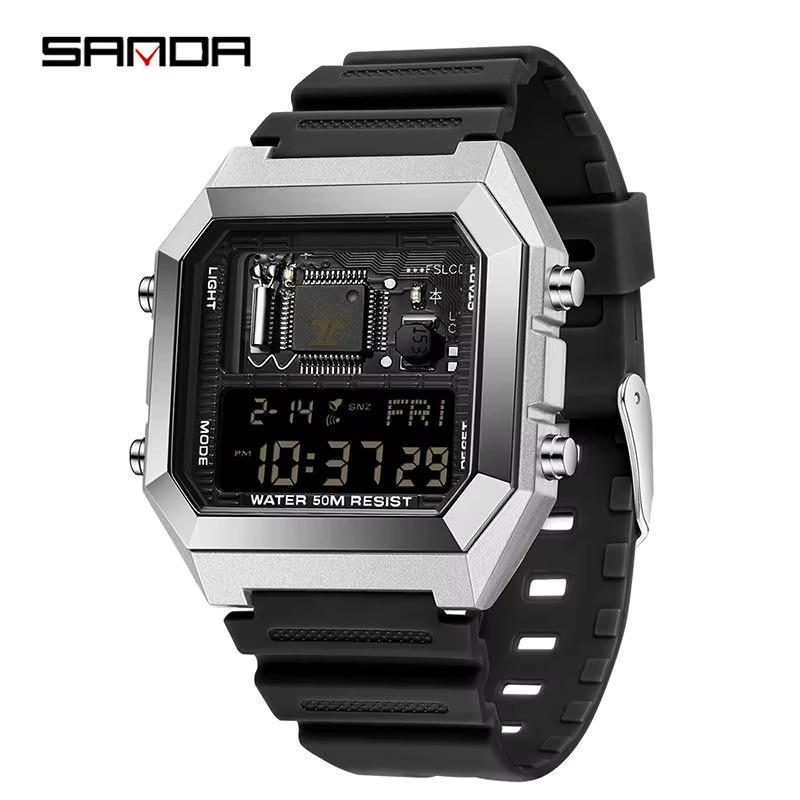 SANDA Digitaluhr, Herren, eckig, Kunststoff, Silikon, Schwarz, Silber - Bild 6