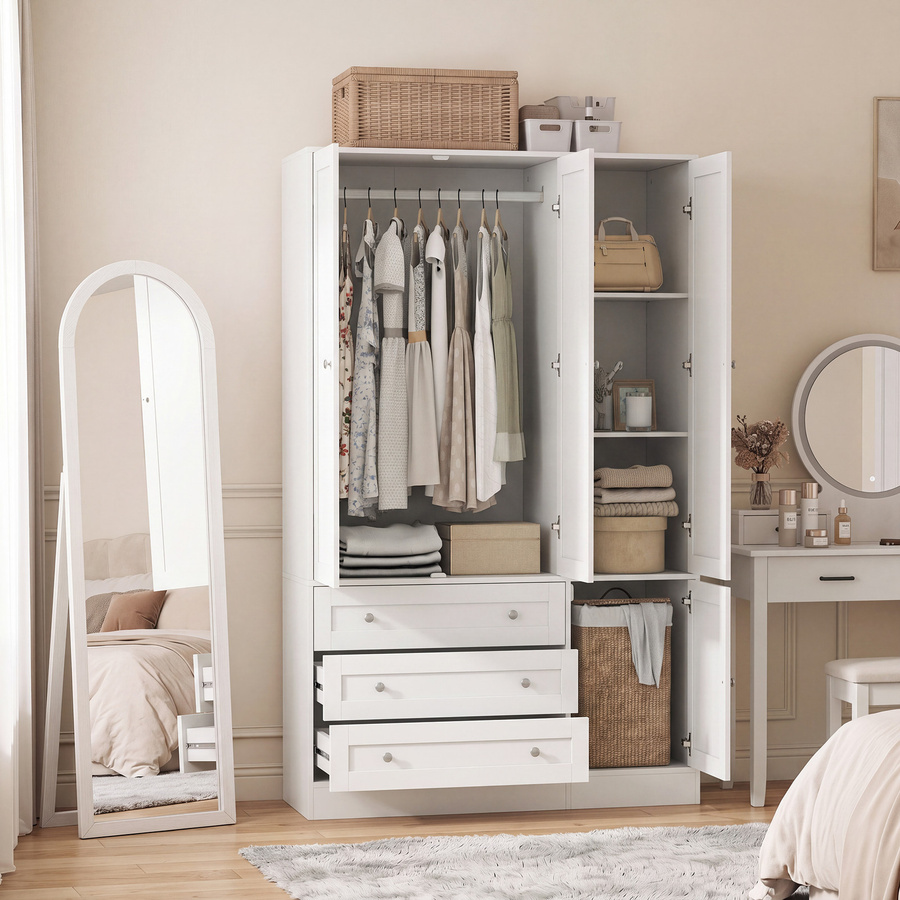 HOMCOM Kleiderschrank Modern mit 4 Türen, 3 Schubladen, Kleiderstange und verstellbaren Regalen in Weiß, B/T/H: 120 x 50 x 176,5 cm - Bild 2