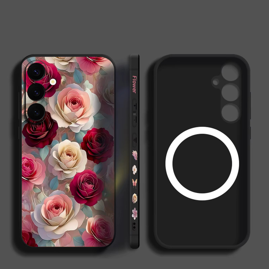 Magnetische Handyhülle mit Rosenblumen-Design für Samsung Galaxy S25 S24 S23 Ultra S22 S21 Plus S24 FE A17 A56 A55 A16 A15 A36, weiche TPU-Abdeckung, Schwarz/Mehrfarbig - Bild 2