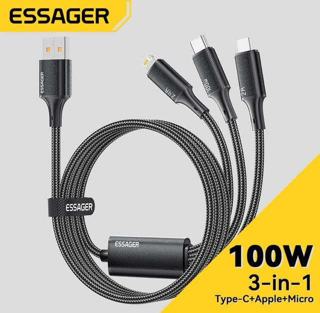 Essager 3-in-1 USB-A auf Typ-C und Lightning Schnellladekabel mit Beleuchtung, 100 W PD Datenkabel in Schwarz - Bild 1