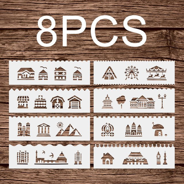 8er Set City Landmark Border Schablonen aus Kunststoff in Weiß, 7,2 Zoll wiederverwendbare DIY-Malvorlagen für Wand, Leinwand und Bastelprojekte - Bild 1