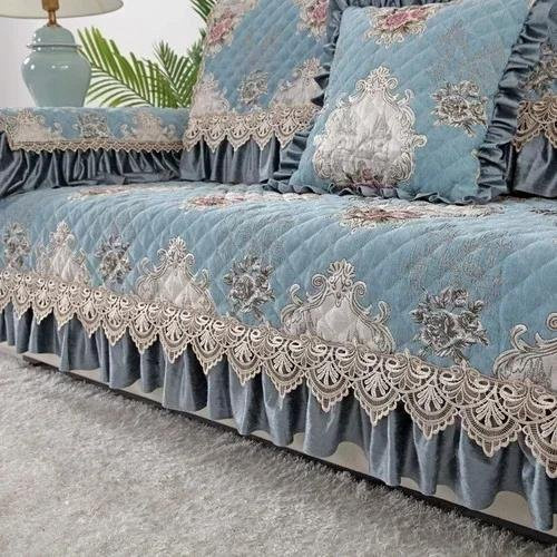 BC-Warm Home Universal-Sofabezug im europäischen Stil mit großem Rock, rutschfeste Sofamatte aus Baumwolle und Leinen mit Jacquard-Blumenmuster in Blau, B/T/H: 210 x 80 x 18 cm - Bild 1