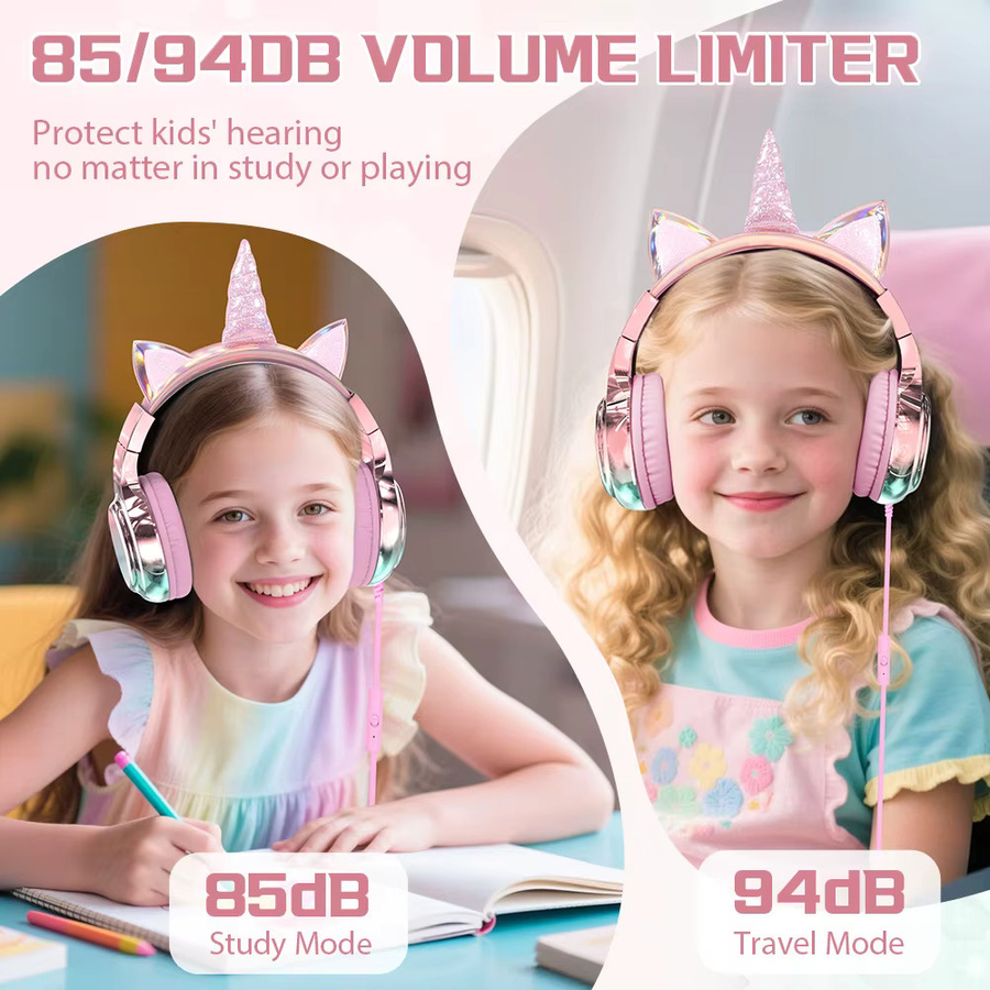 QearFun Einhorn-Kopfhörer für Kinder und Mädchen in Pink mit Mikrofon, faltbares Kabel-Headset mit 85/94 dB Lautstärke für Tablet und iPad - Bild 2