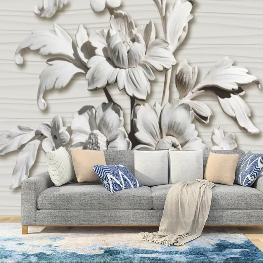 Benutzerdefinierte Fototapete im klassischen weißen europäischen Relief-Design mit floralem 3D-Effekt - Bild 1