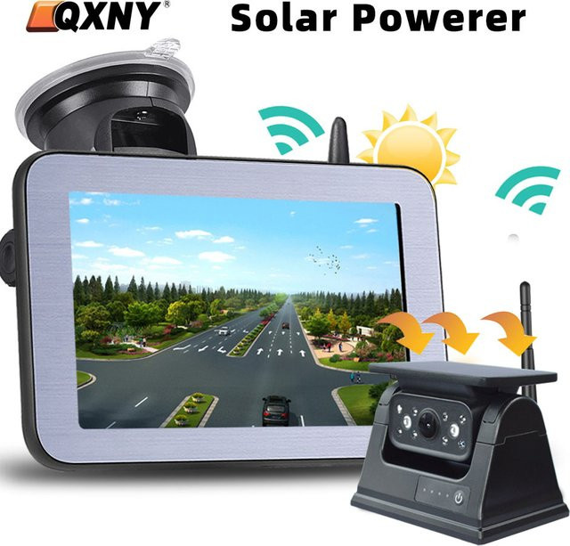QXNY Drahtlose solarbetriebene Rückfahrkamera mit AHD 5-Zoll-Rückfahrmonitor in Schwarz für Wohnmobile, LKW und Anhänger - Bild 1