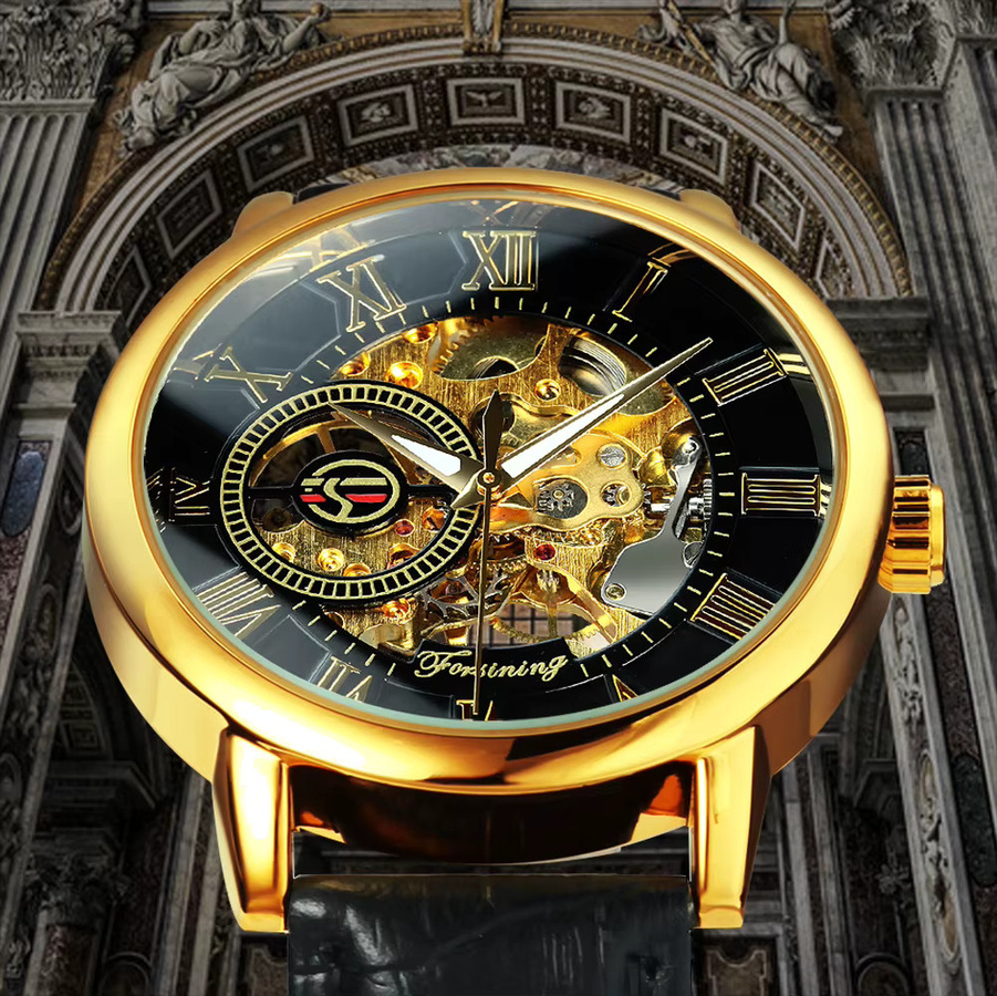 Forsining Armbanduhr, Skelett, Mechanisch, Handaufzug, Schwarz-Gold, Leder, Herren - Bild 3