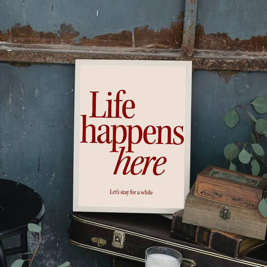 Life Happens Here Poster Moderner Wandkunstaufkleber mit Typografie für Wohnzimmer und Bar - Bild 4