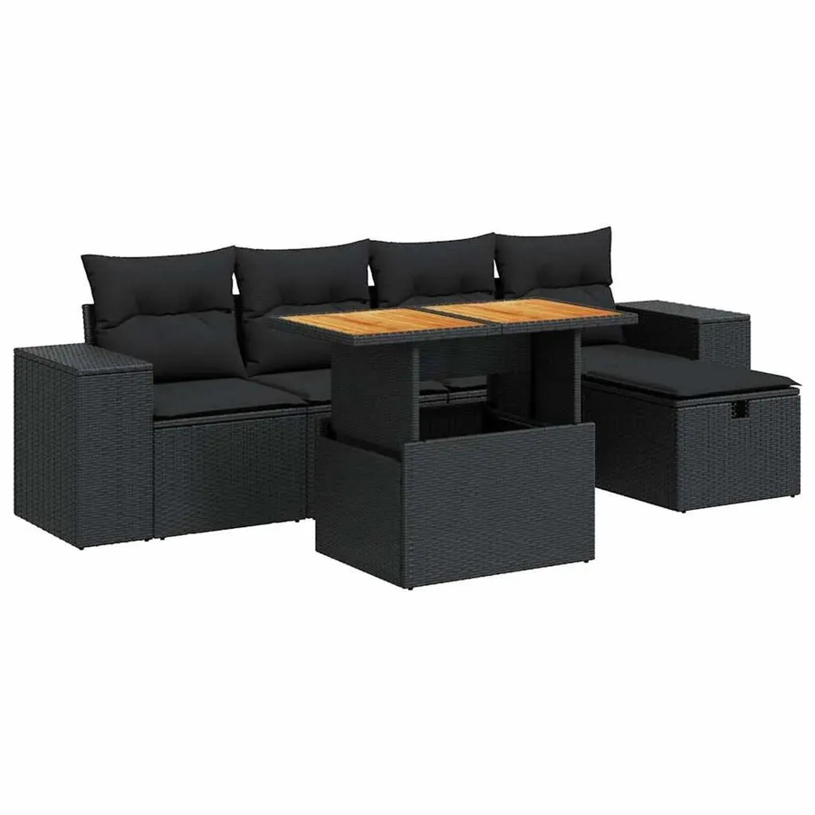 vidaXL 6-teilige Garten-Sofagarnitur aus Poly-Rattan und Akazienholz in Schwarz mit Kissen - Bild 2