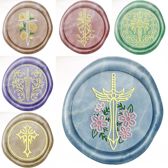 Wachsstempel mit abnehmbarem Messingkopf Motiv Schwert Gänseblümchen Lilie Gold 25 mm für DIY Hochzeitskarten und Geschenke - Bild 1