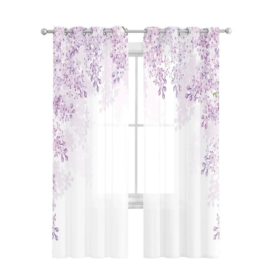 Yiran Furniture Voile-Transparentvorhang mit lila Blumenmuster und Pflanzenmotiv, Breite: 135 cm, Höhe: 115 cm - Bild 2