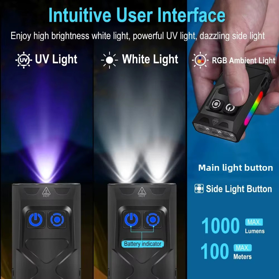 BORUiT EV15 UV-LED-EDC-Taschenlampe mit 1000 lm, wiederaufladbare Arbeitsleuchte mit USB-C und Magnetclip, wasserdichte Camping-Taschenlampe - Bild 2