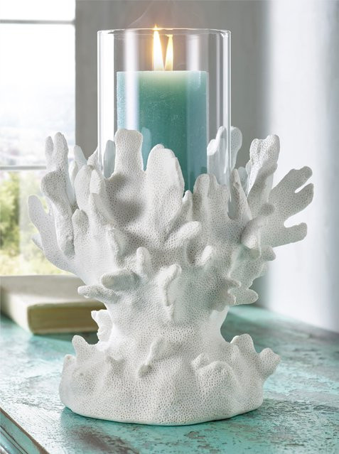Windlicht Heine Home in Weiß mit maritimem Korallenform-Design aus Polyresin und Glas, Höhe: 20,0 cm, Breite: 15,0 cm, Tiefe: 9,5 cm - Bild 1