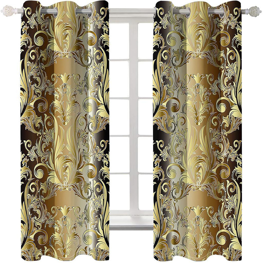 2er-Set Goldene Blumenvorhänge im Boho-Stil, Semi-transparent mit Blumen- und Blättermuster, Farbe: Gold und Gelb, B: 150 cm, H: 166 cm - Bild 3