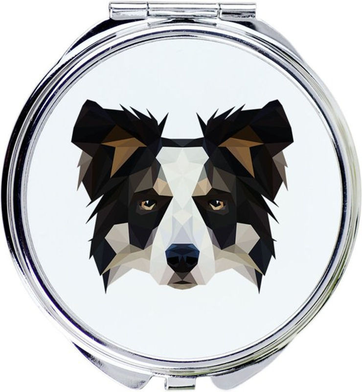 Art-dog Border Collie Rund Spiegel mit Foto und geometrischer Aufschrift in Weiß und Mehrfarbig aus Metall - Bild 1