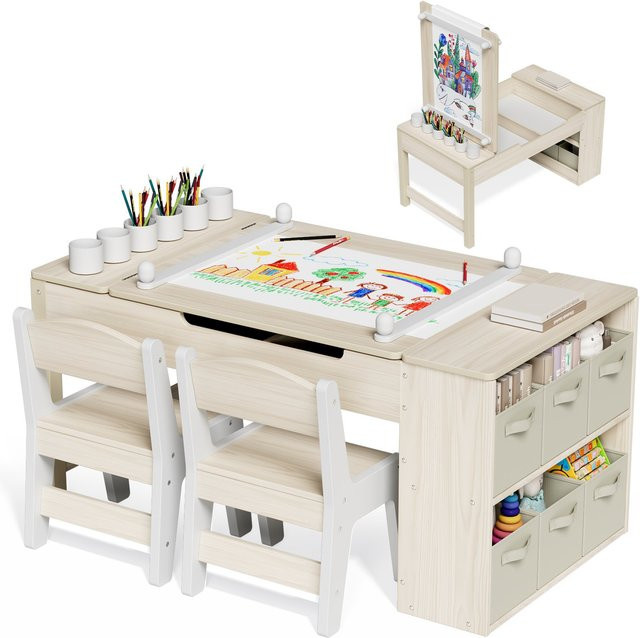 AuAg 3-in-1 Kinder-Sitzgruppe aus Holz mit Schreibtisch, Spieltisch und 2 Stühlen in Grau und Weiß - Bild 1