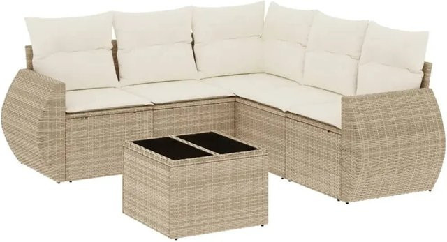 vidaXL 6-teilige Garten-Sofagarnitur in L-Form aus beige-cremeweißem PE-Rattan mit Polsterkissen und pulverbeschichtetem Stahlgestell - Bild 1