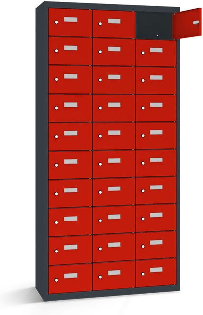 rotstahl Wertfachschrank mit 30 Fächern in Rot und anthrazitgrauem Korpus, B/T/H: 117,5 x 50 x 180 cm - Bild 1