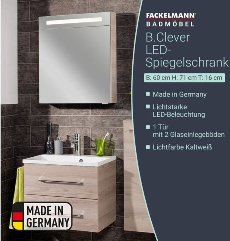 Fackelmann Spiegelschrank B.clever in Esche mit LED-Beleuchtung und Softclose Türen, B/H/T: 60 x 71 x 15,8 cm - Bild 4